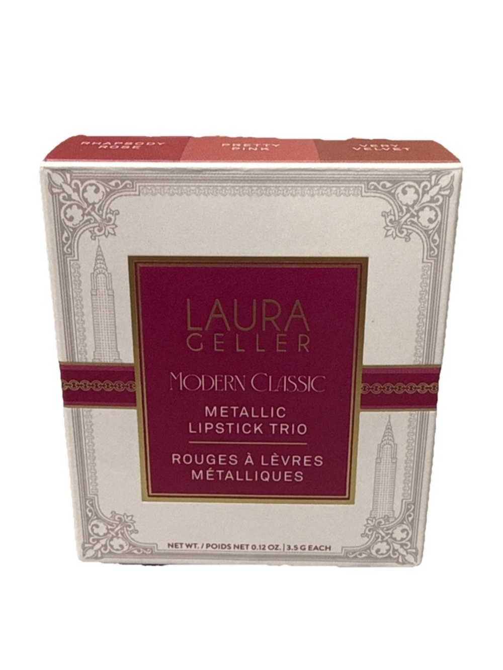 Laura Geller Lipstick Trio - Rhapsody Rose, Pretty Pink and Very Velvet.